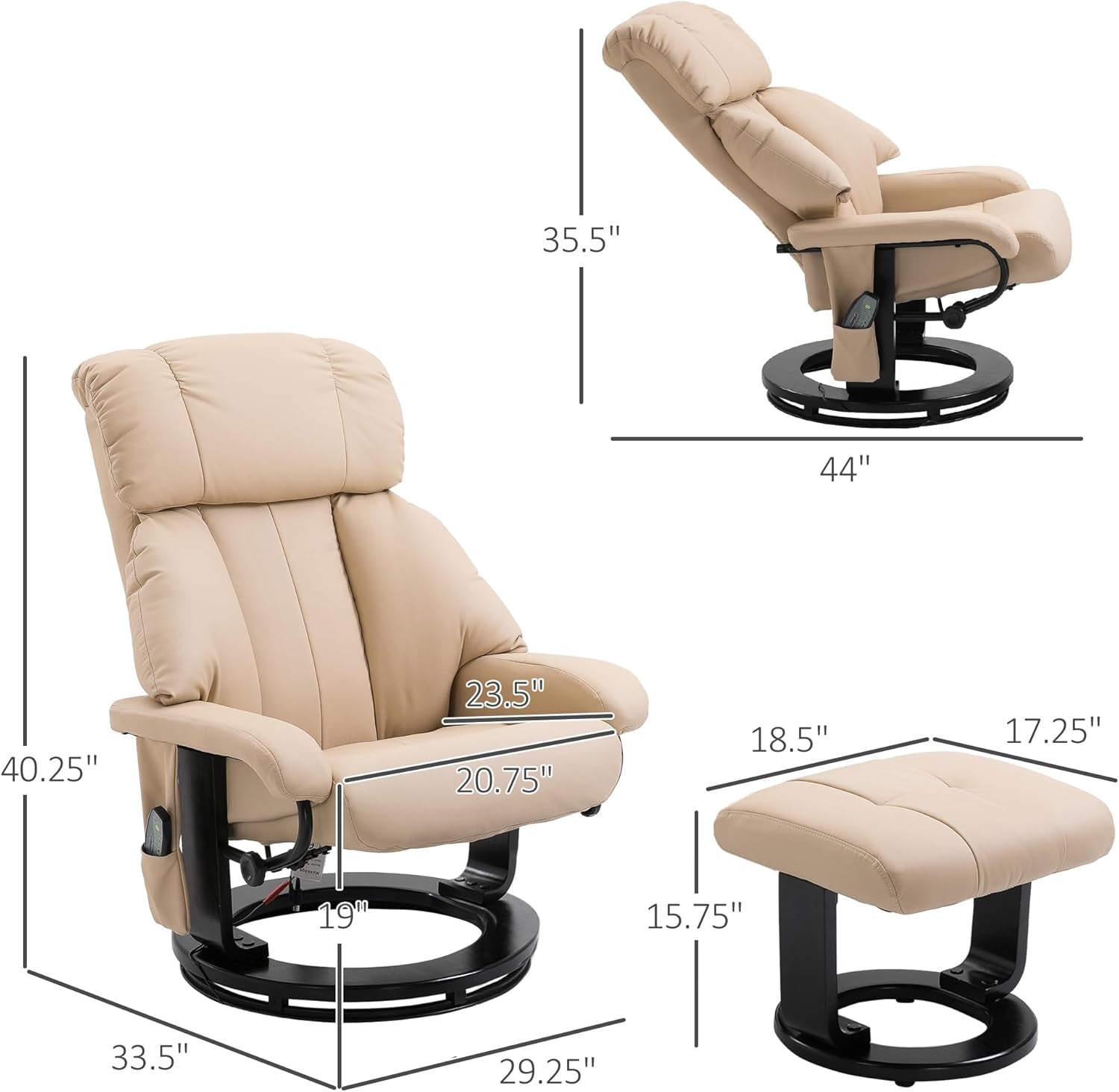 Massage Recliner Chair with Ottoman, 360° Swivel Recliner and Footstool, 10 Point Vibration, PU Leather Reclining Chair with Side Pocket and Remote Control, Beige-2