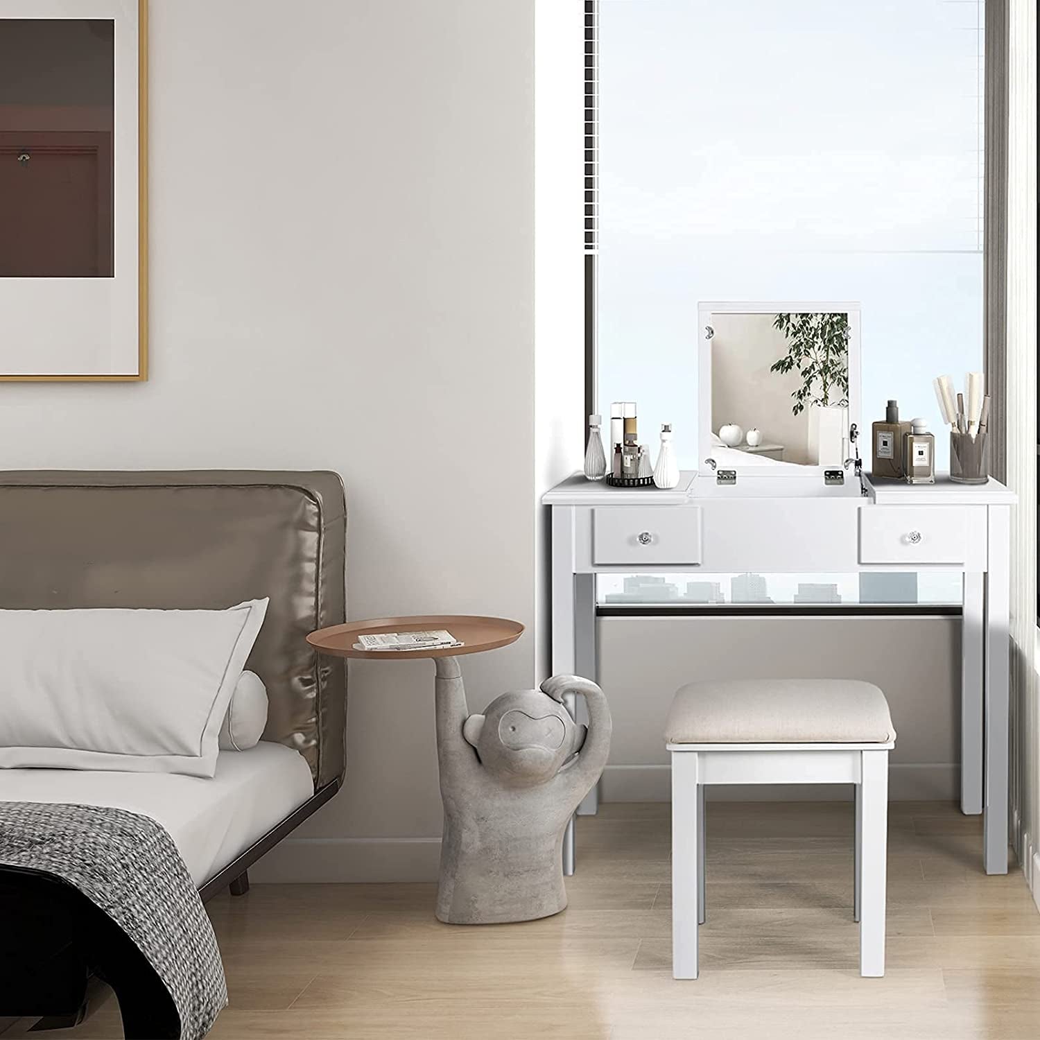 Vanity Table with Flip Top Mirror and Stool Set-2