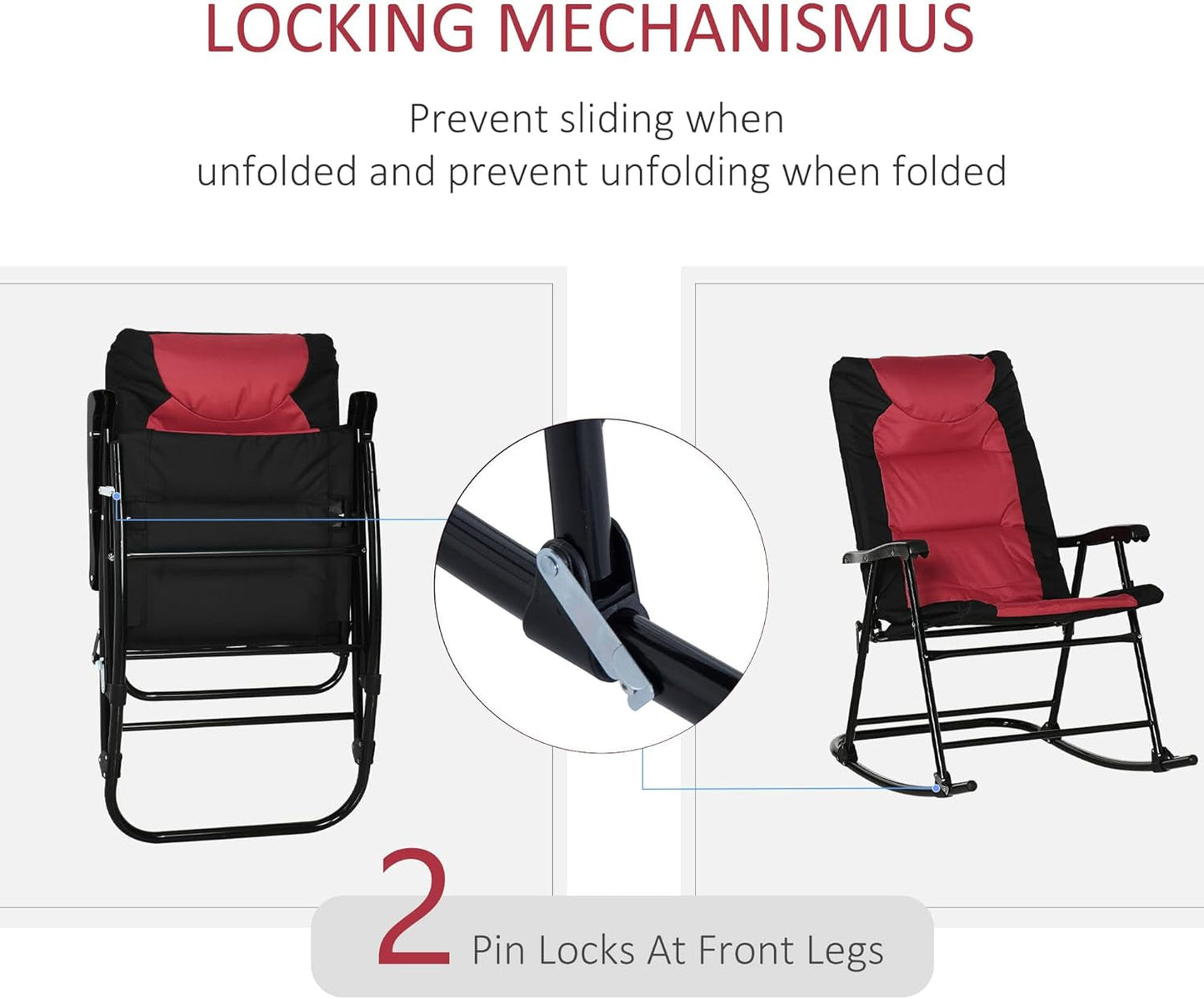 2 Piece Outdoor Patio Furniture Set with 2 Folding Padded Rocking Chairs, Bistro Style for Porch, Camping, Balcony, Red-4