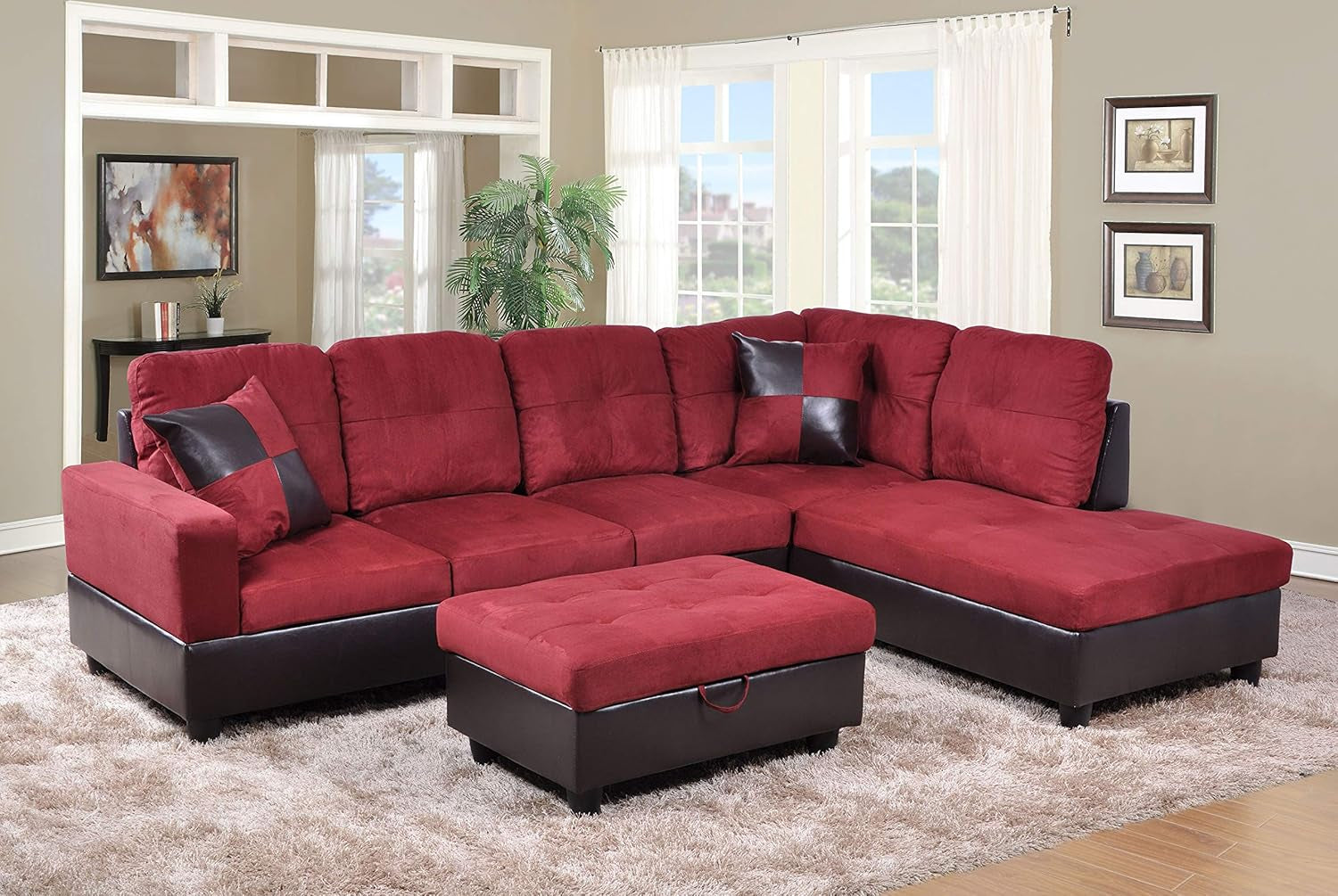 3-Piece Contemporary Sectional Sofa with Chaise and Storage Ottoman for Living Room Furniture | Faux Leather & Microfiber Upholstery | Removable High Density Memory Foam Cushions (Red,Right-Facing)-0