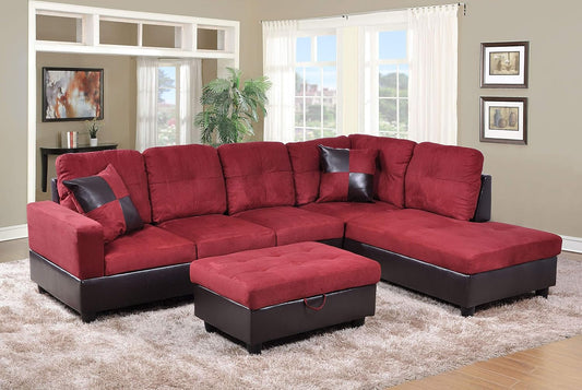 3-Piece Contemporary Sectional Sofa with Chaise and Storage Ottoman for Living Room Furniture | Faux Leather & Microfiber Upholstery | Removable High Density Memory Foam Cushions (Red,Right-Facing)-0