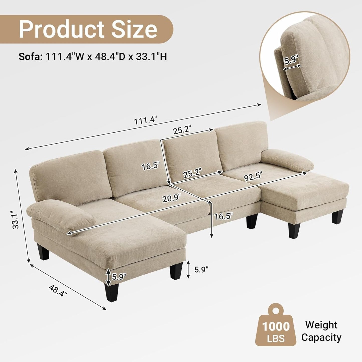 Light Khaki 110" U-Shape Sectional Couch Double Chaise-1