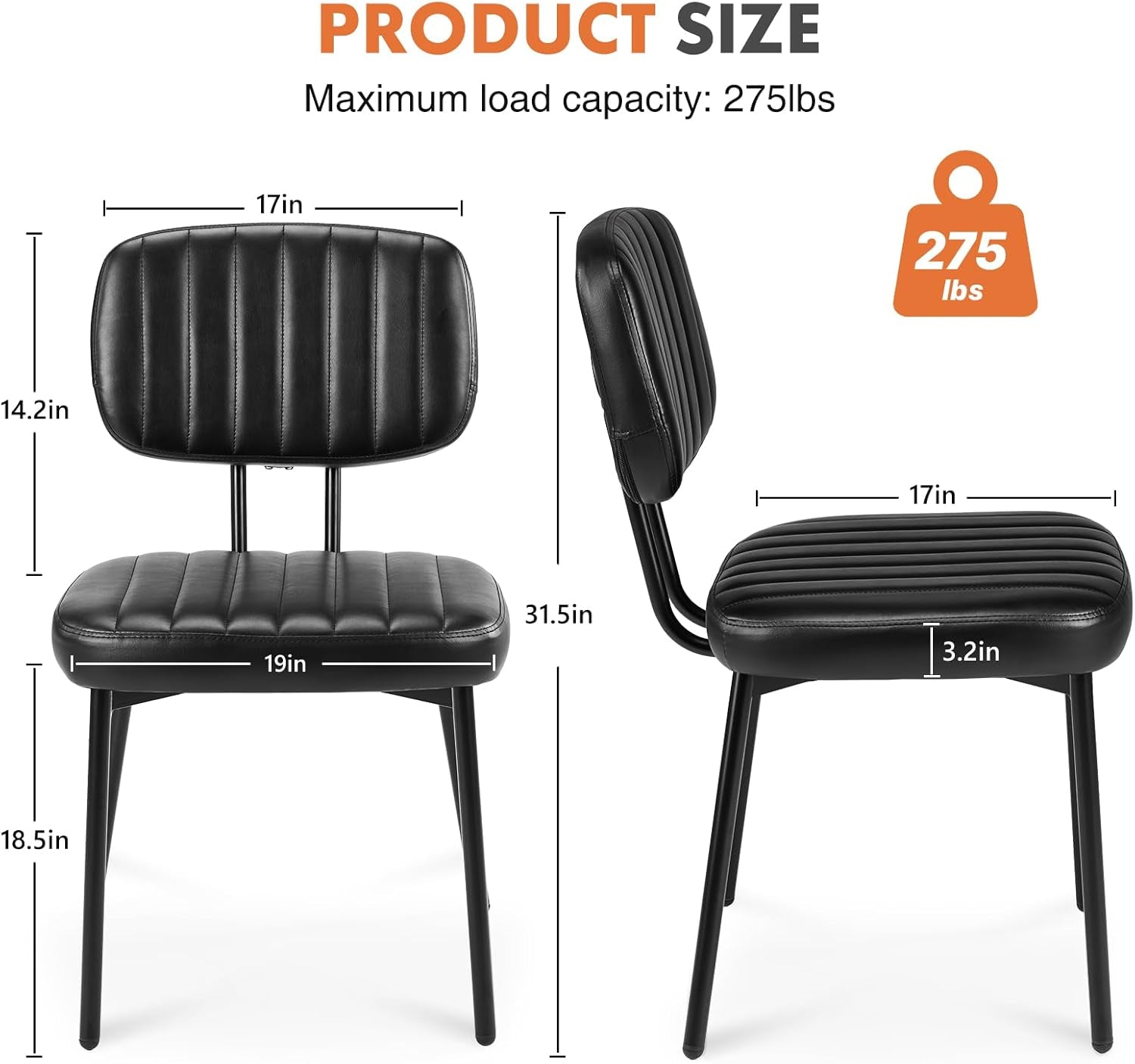 Dining Chairs Set of 4, Upholstered Mid Century Modern Kitchen Dining Room Accent Chairs with Faux Leather Cushion Seat & Metal Legs for Kitchen, Living Room - Black-2