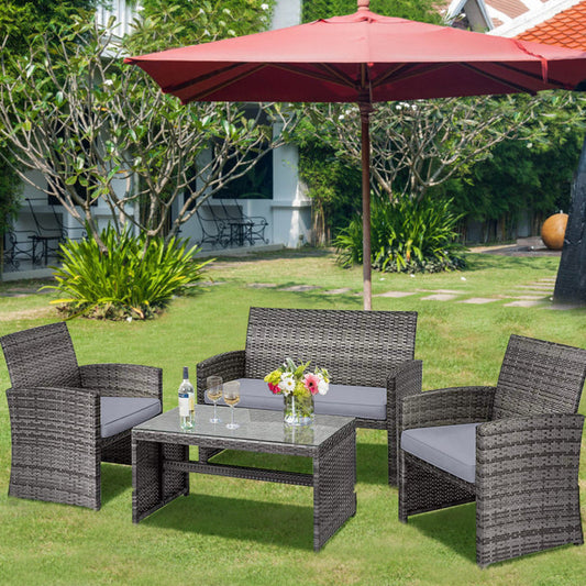 4 Pieces Patio Rattan Furniture Set with Glass Table and Loveseat-0