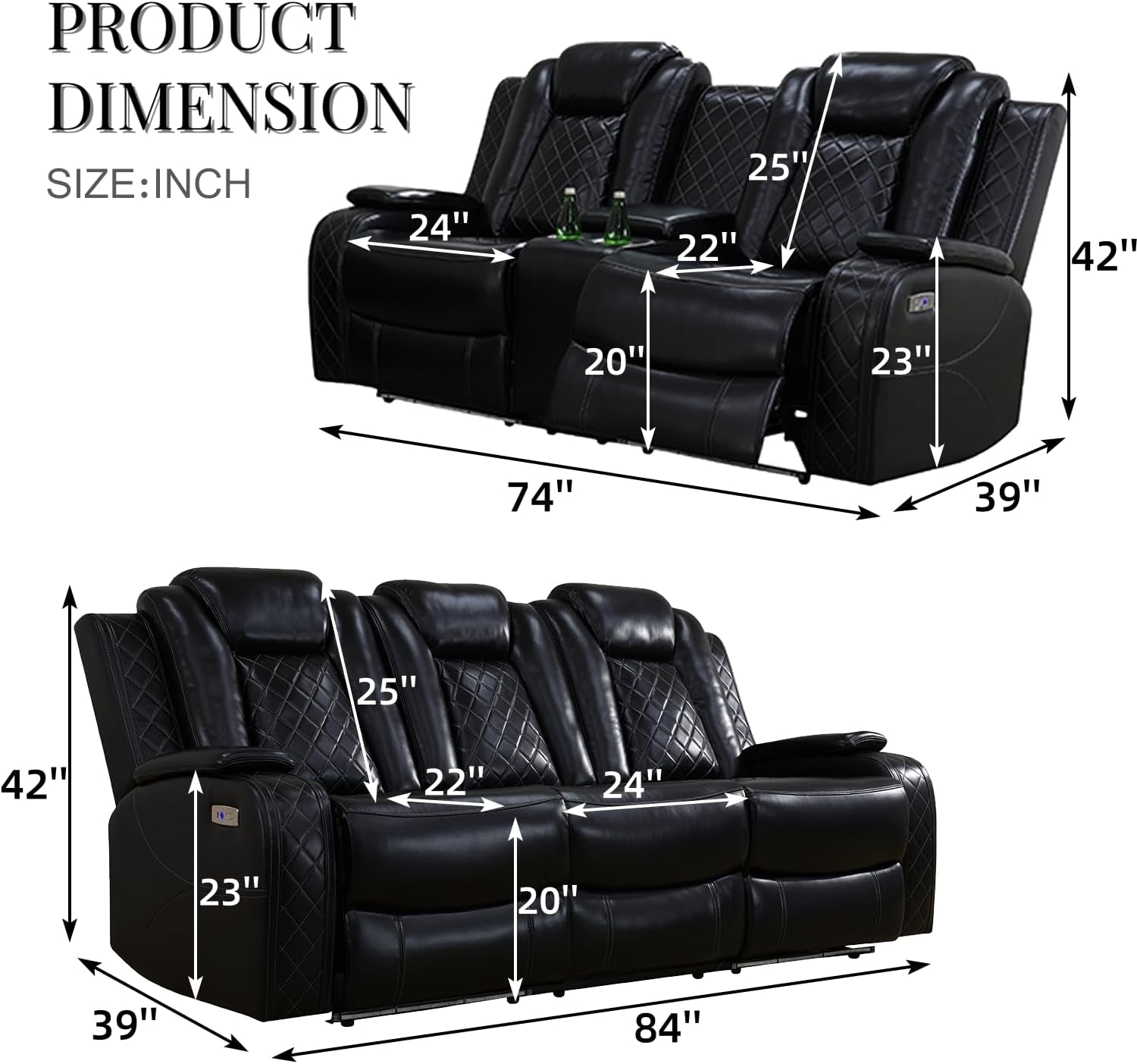 Power Recliner Sofa Set with LED Lights,Leather Living Room Furniture Set with USB Port/Cup Holders,Reclining Sofa for House/Home Theater(Sofa&Loveseat 2 Pieces, Black)-1