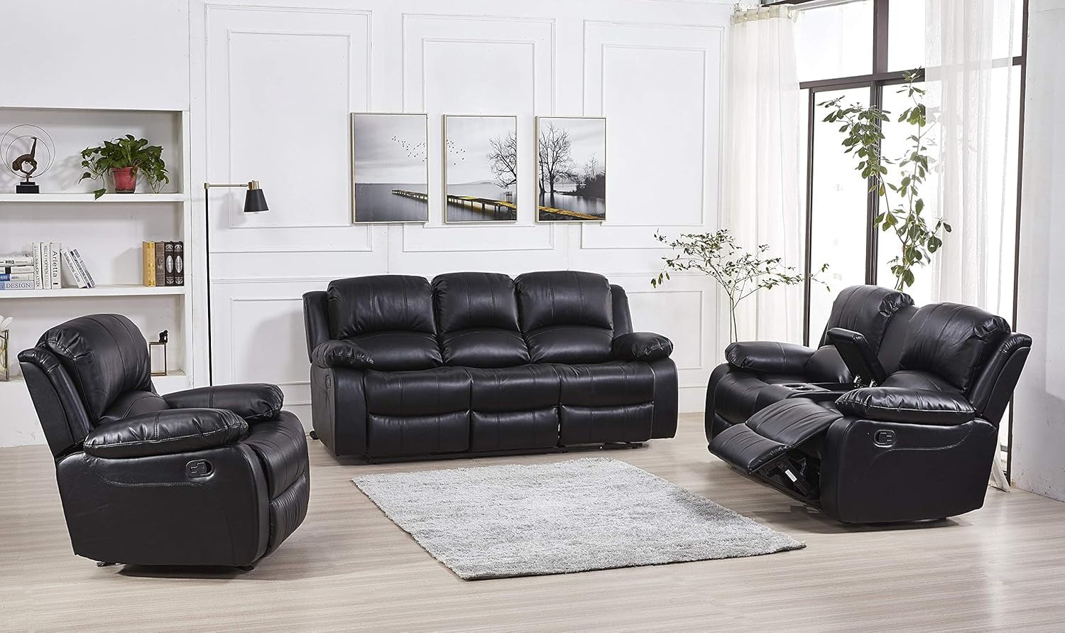 3PC Bonded Leather Reclining Sofa Chair Set Living Room Set Sofa Loveseat Glider Chair 8018 Multiple Colors (Black)-0