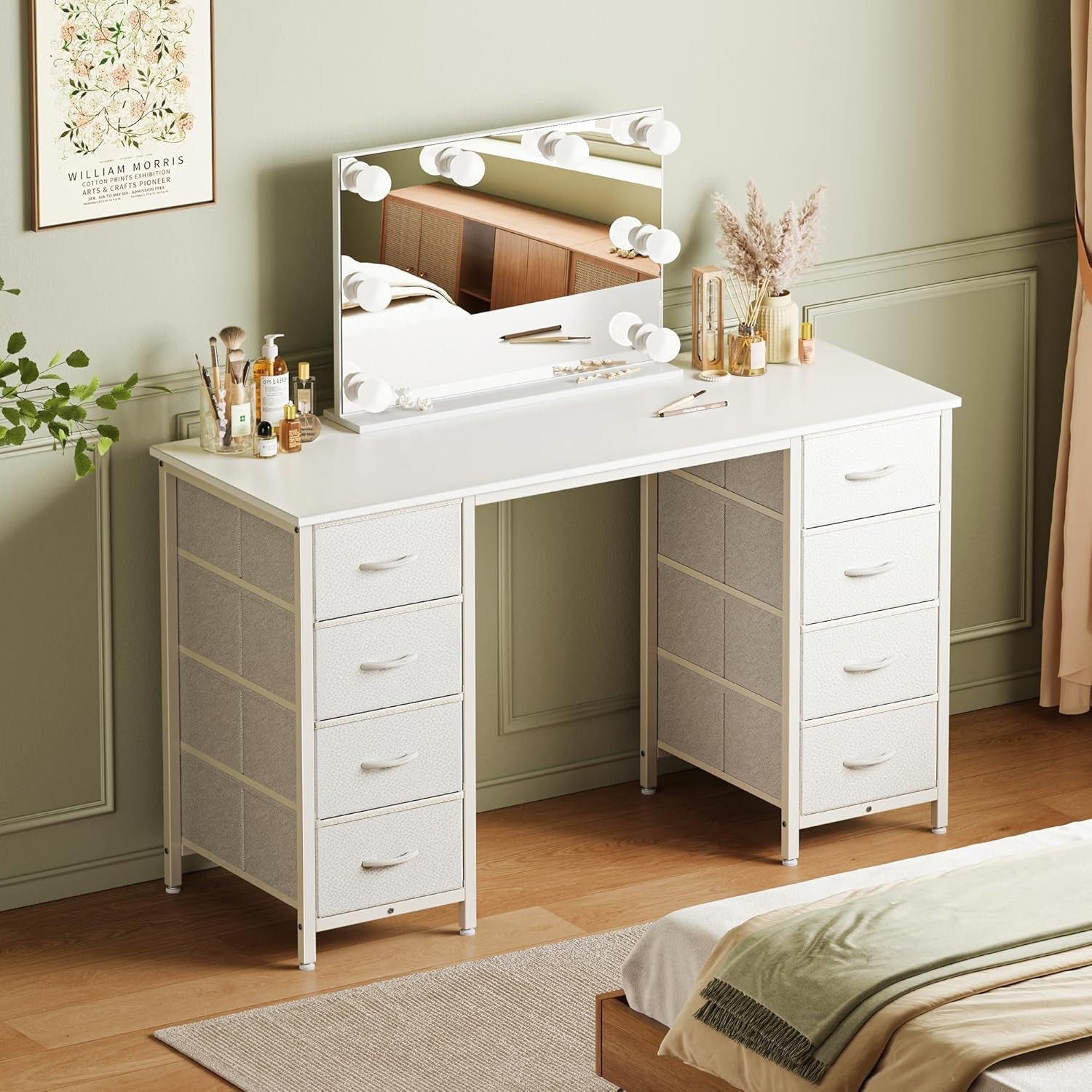 47 Inch Vanity Desk with 8 Drawers, White Desk, Makeup Desk with Large Storage, Fabric Drawers, Wooden Desktop, Computer Desk Work Desk, for Home Office, Bedroom-4