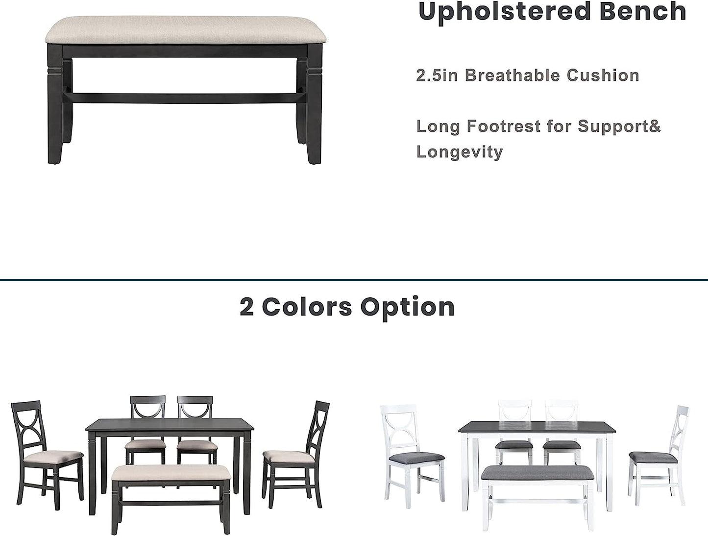 6-Piece Wood Dining Table Set with Upholstered Bench and 4 Chairs-2