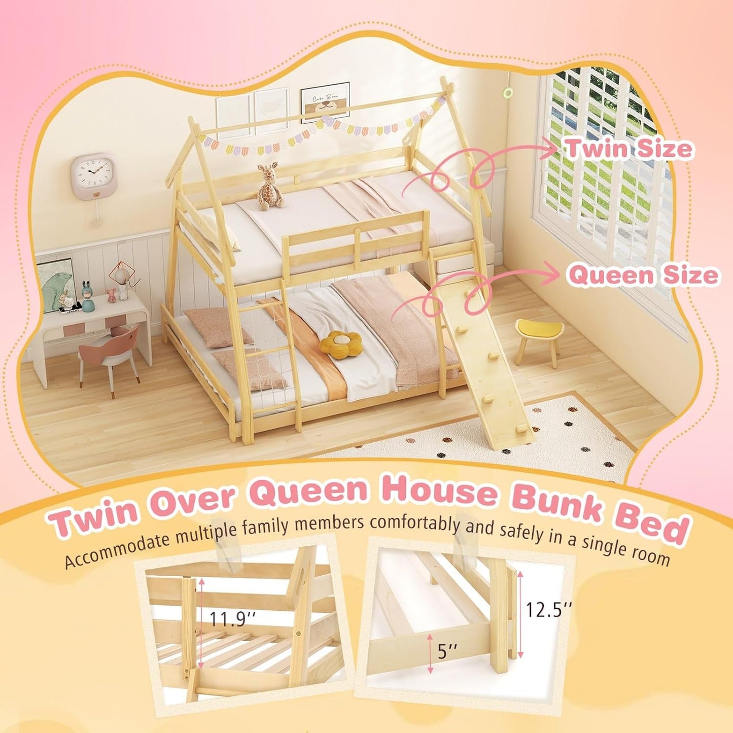 Twin over Queen Bunk Bed, Wood House Bunk Bed for Kids with Climbing Nets and Ramp, Floor Queen Size Bunk Beds with Safety Guardrail, No Box Spring Needed, for Boys Girls Adults (Natural)-4
