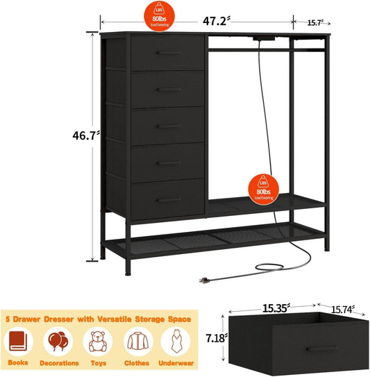 LED Dresser with Rack, Charging & 5 Drawers Black-1