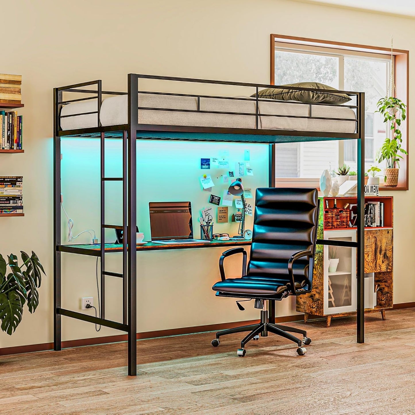 Loft Bed Twin Size with Desk, LED Lights, Charging Station, Metal Loft Bed Frame for Teens and Adults with Safety Guardrail and Ladder, Space-Saving, Noise Free, No Box Spring Needed, Black-2