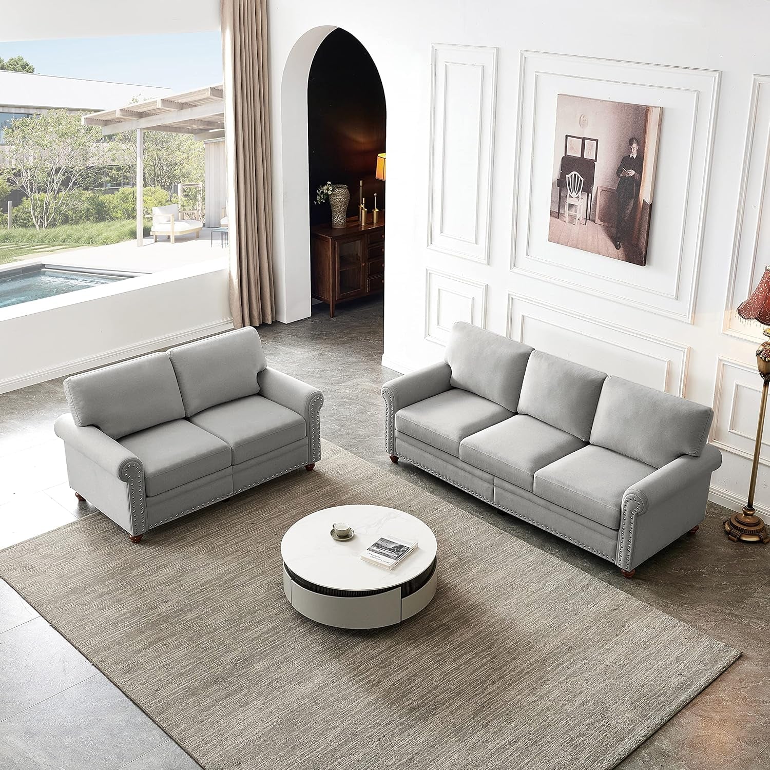 2-Piece Sofa Set Couch and Loveseat Set 2+3 Seater Sofa Set with Storage Space & Solid Wood Legs, 2-Piece Living Room Set Linen Upholstered Couch Set for Living Room (Grey)-0