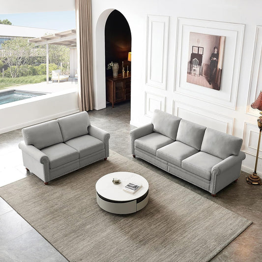 2-Piece Sofa Set Couch and Loveseat Set 2+3 Seater Sofa Set with Storage Space & Solid Wood Legs, 2-Piece Living Room Set Linen Upholstered Couch Set for Living Room (Grey)-0