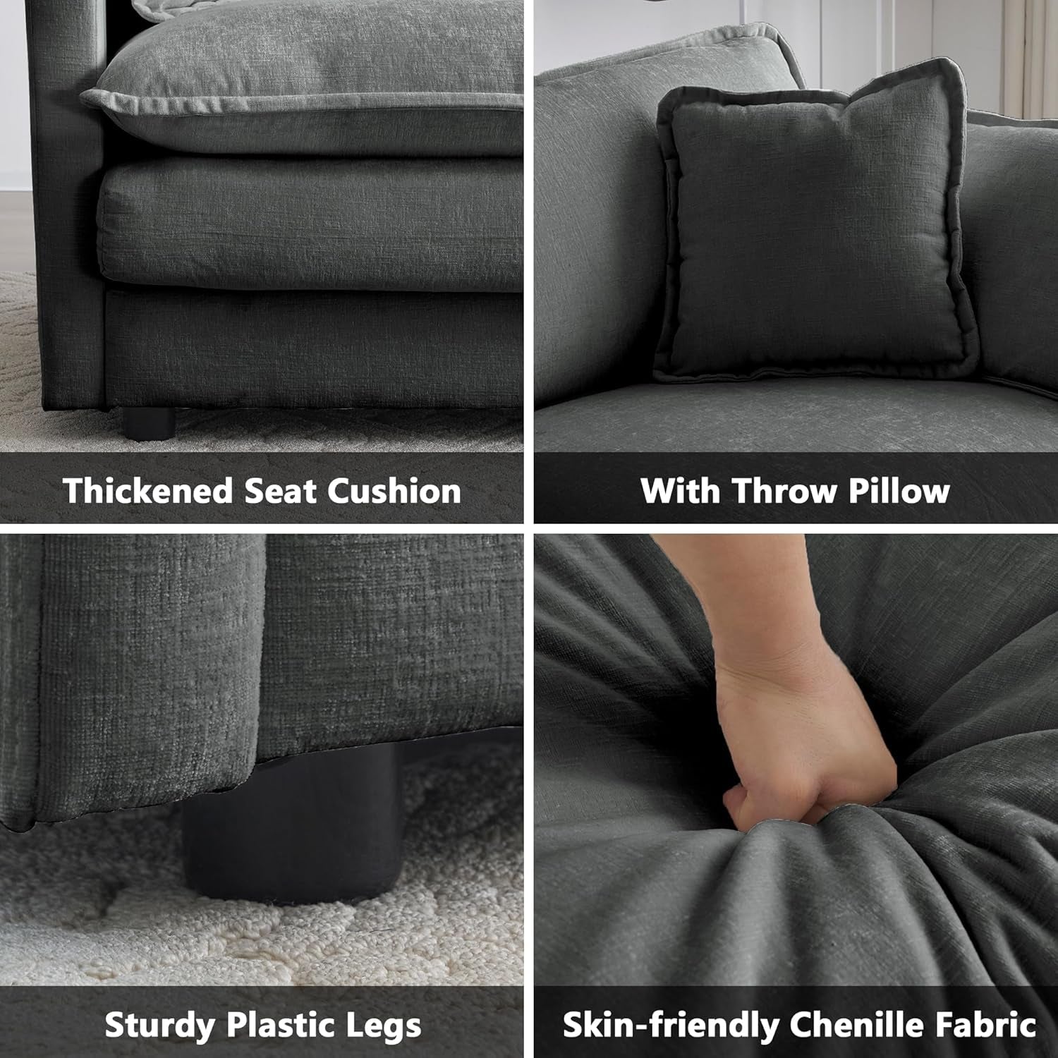 Luxury 2 Piece Loveseat Couch & Sofa Armchair Set, Modern Upholstered Chenille Cloud Couches Set Furniture with 5 Pillow for Living Room Bedroom Office Apartment, Grey-2