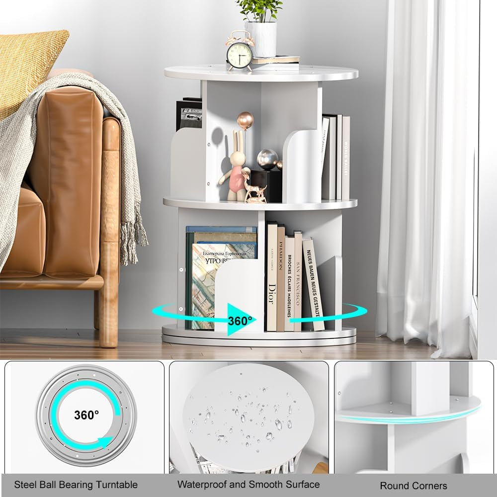 Rotating Bookshelf, Revolving Bookcase 360 Display round Bookshelf Narrow Swivel Corner Book Shelf Standing Bookcase for Adult Bedroom, Living Room (White, 2 Tier)-2