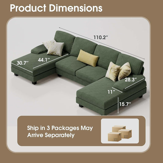 Sectional Couches for Living Room, U-Shaped Sofa Couch with Linen Fabric, 4 Seat Sofa Set with Double Chaise for Apartment (Corduroy, Dark Green)-1