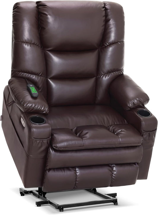 Dual Motor Power Lift Recliner Chair with Massage and Dual Heating, Adjustable Headrest for Big and Tall Elderly People, Faux Leather R7635 (Dark Brown, Large-Wide)-0