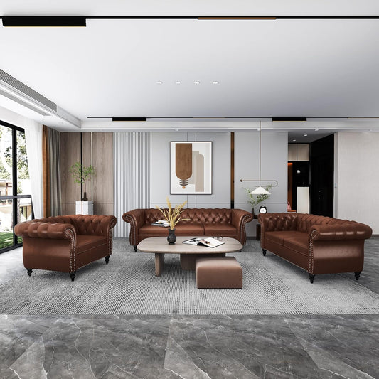 3 Piece Living Room Set, Sectional Chesterfield Sofa Chair Contemporary Upholstered Leather Loveseat Couch Sets for Living Room, Bedroom, Office-0