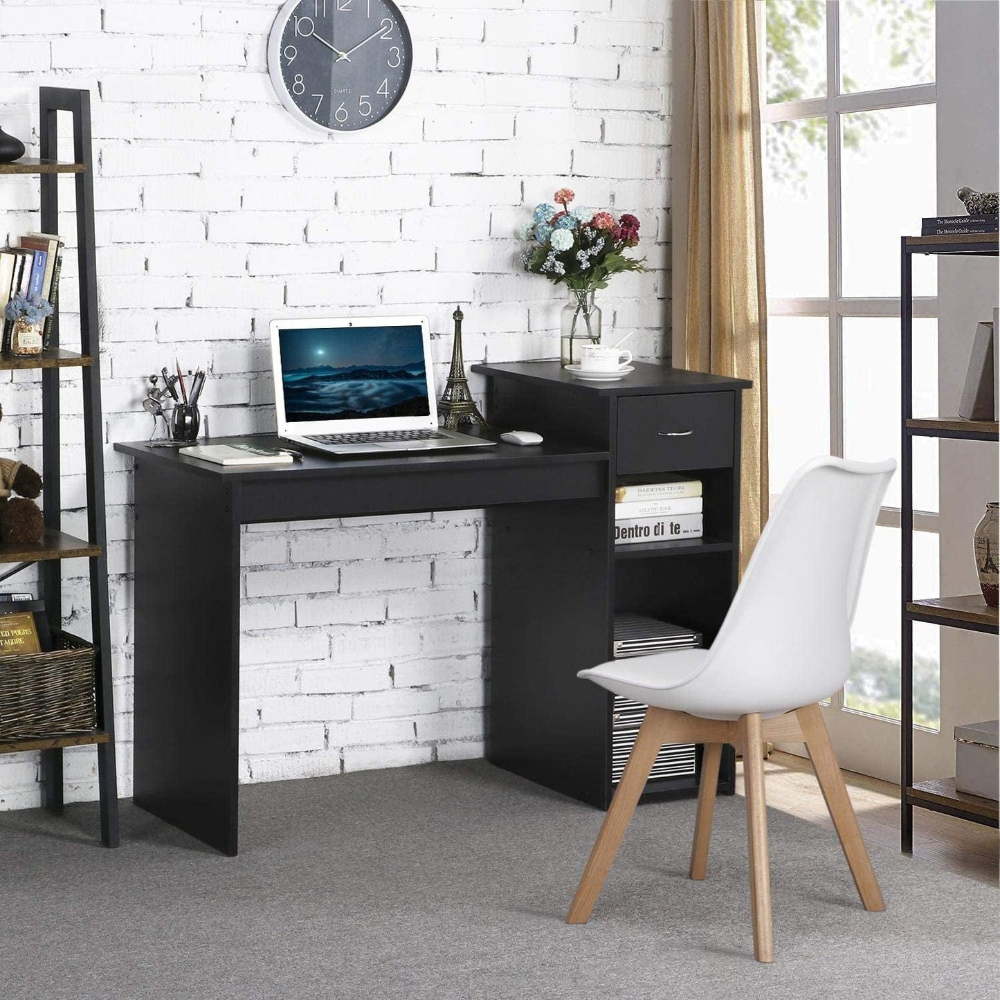 Black Wooden Computer Desk with Storage and Stand-0
