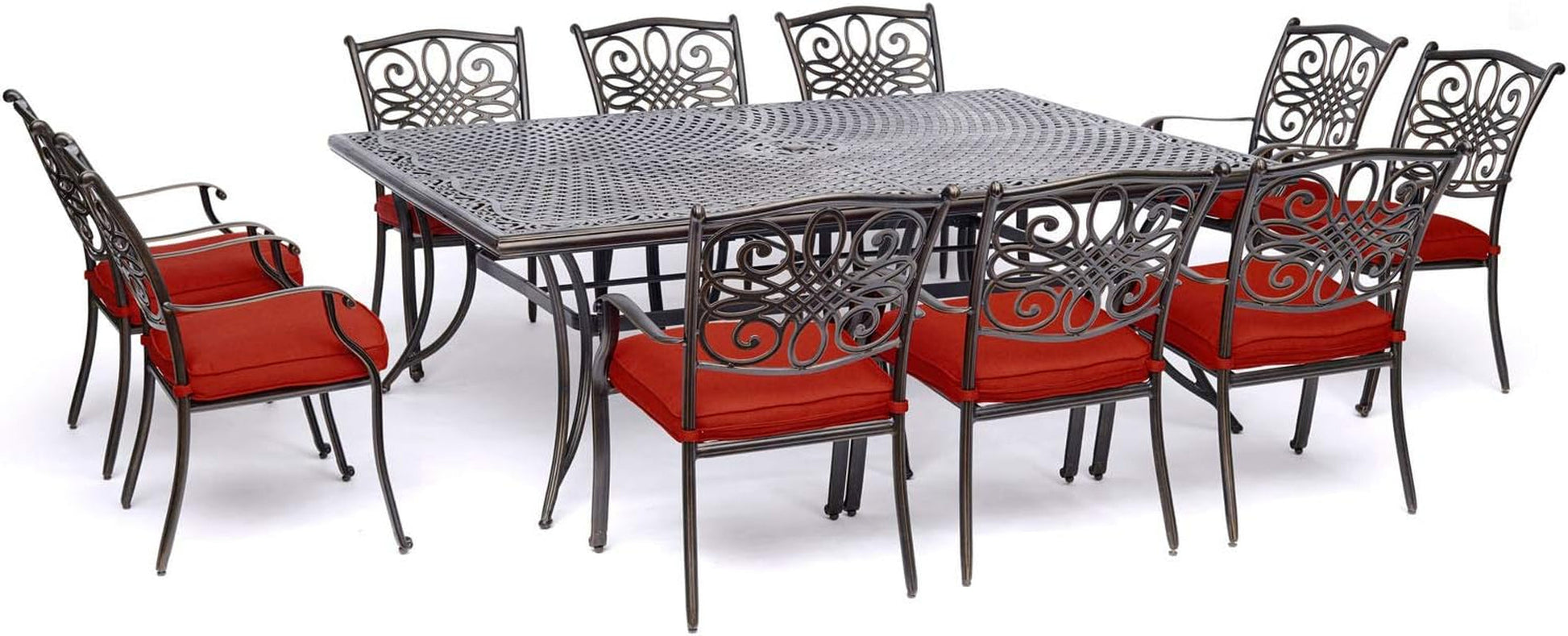 Traditions 11-Piece Patio Dining Set with 10 Stationary Chairs, Plush Red Cushions, and Extra Large Dining Table, Patio Dining Set for 10, All-Weather Rust-Resistant Luxury Outdoor Dining Set-0
