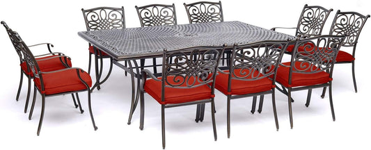 Traditions 11-Piece Patio Dining Set with 10 Stationary Chairs, Plush Red Cushions, and Extra Large Dining Table, Patio Dining Set for 10, All-Weather Rust-Resistant Luxury Outdoor Dining Set-0