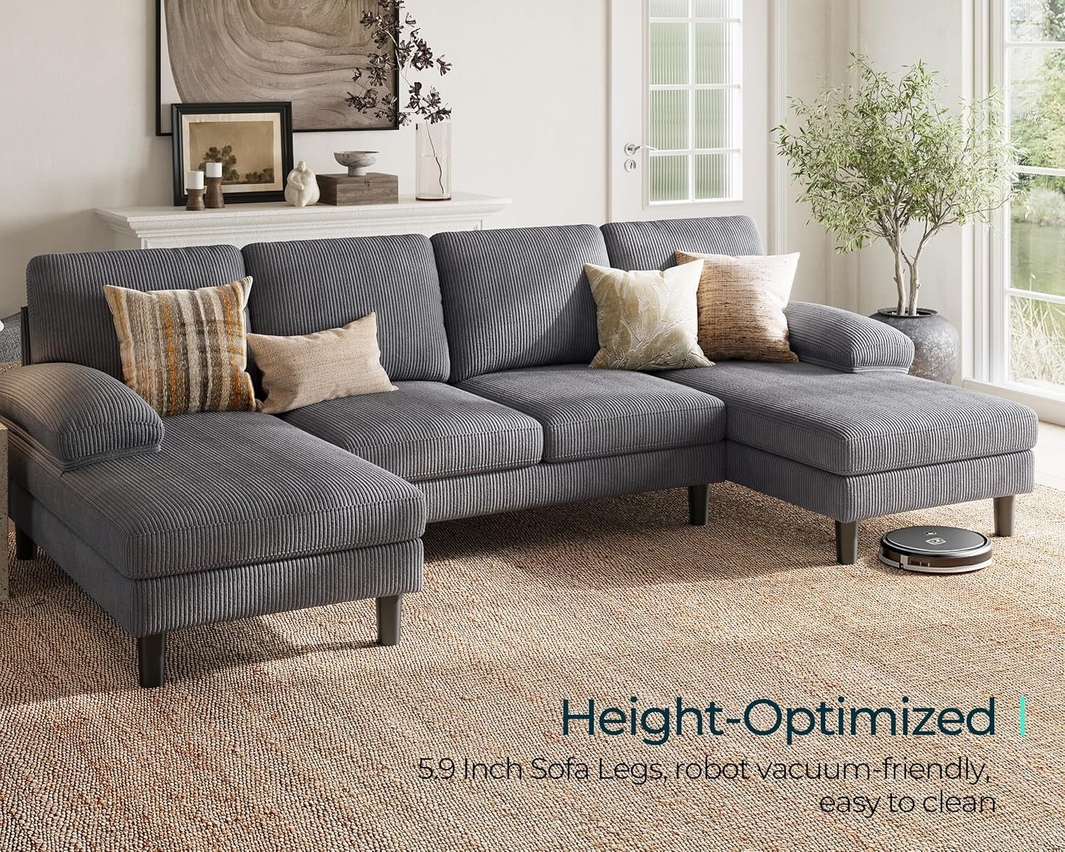 Sectional Couch, 111'' W Corduroy U Shaped Sofa with Sleepable Armrests, 4 Seat Couch with Double Chaises, Deep Sofa for Living Room, Grey-2