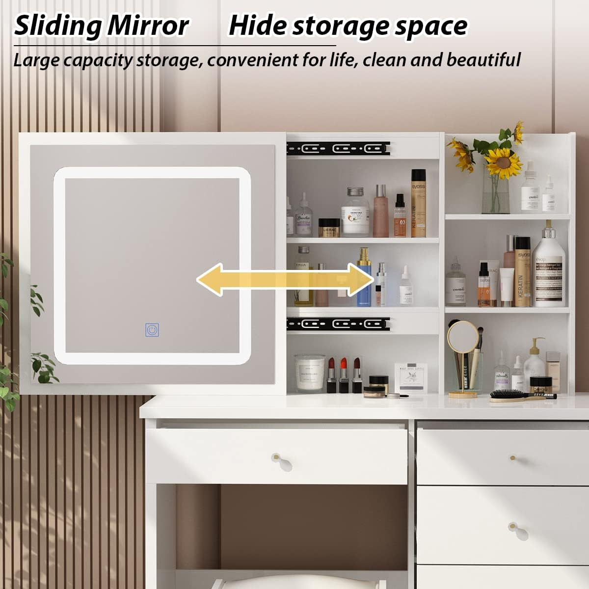 Large Vanity Desk Set with Sliding Lighted Mirror-2