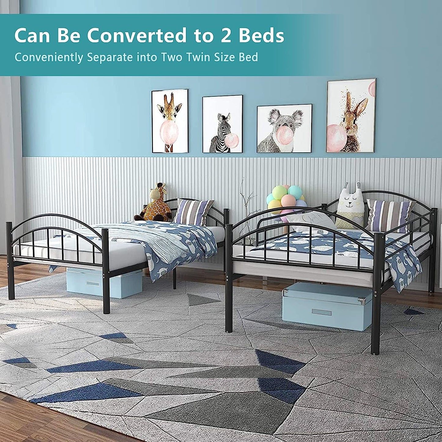 Twin Metal Bunk Bed, Convertible, Black-2