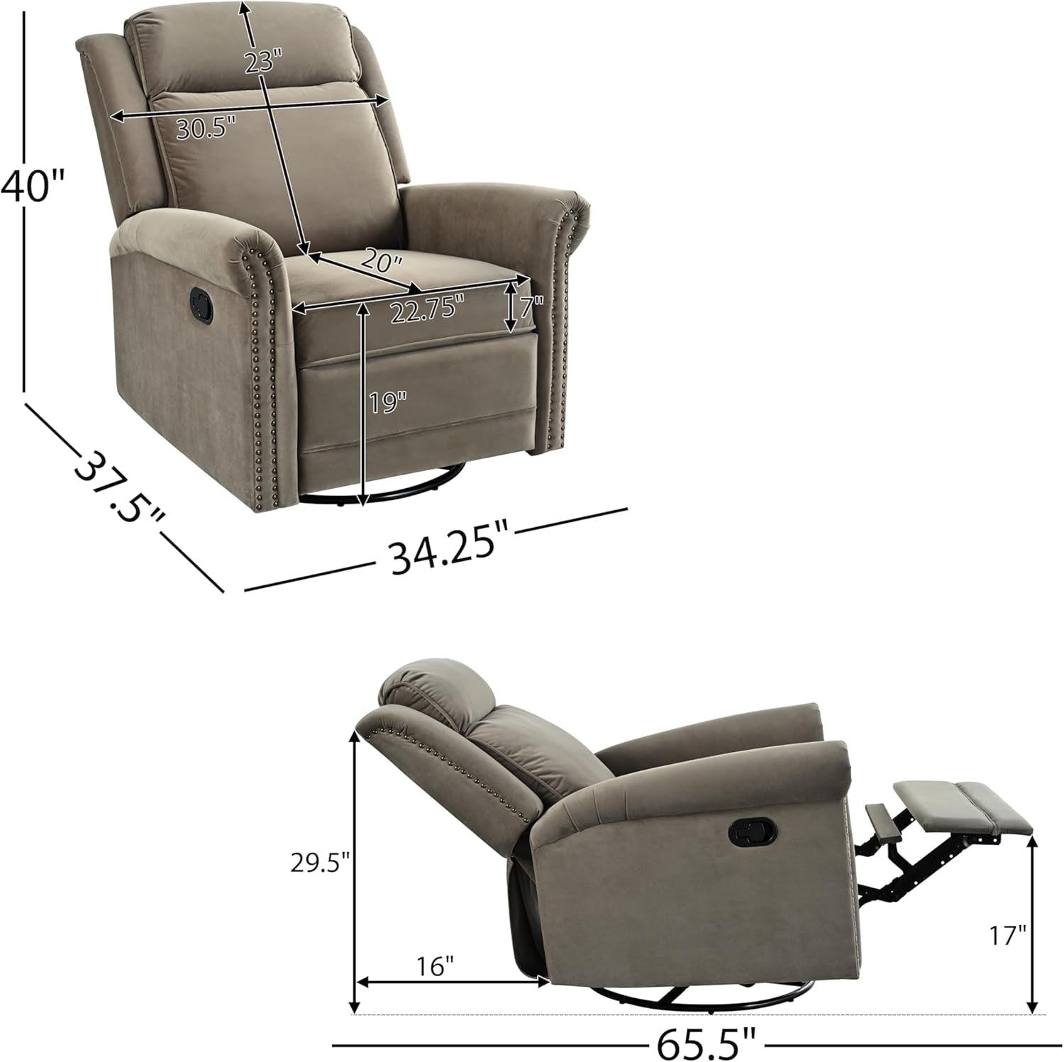 Light Brown Velvet Swivel Rocker Recliner Nailhead-2