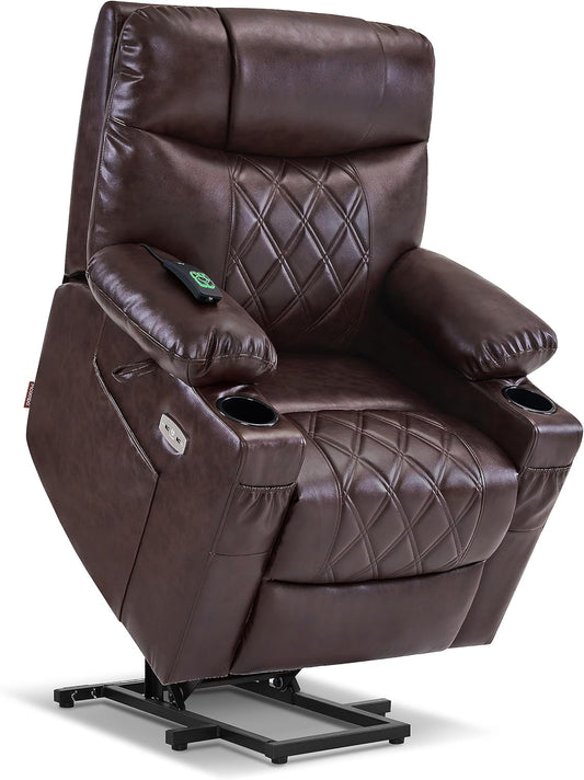 Small Size Power Lift Recliner Chair Sofa with Massage and Dual Heating, Adjustable Headrest for Elderly People Petite, USB Ports, Faux Leather 7111 (Dark Brown)-0