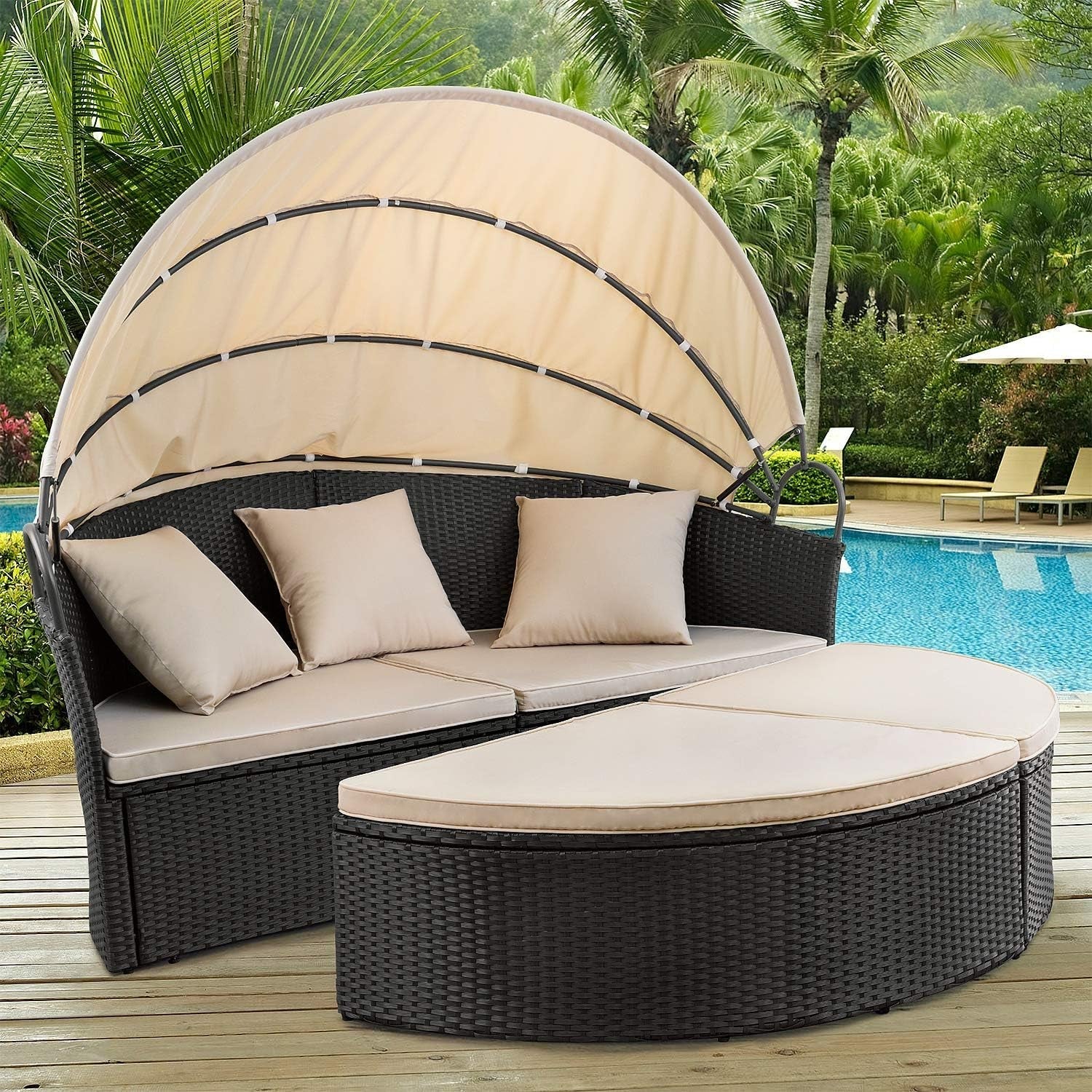 Outdoor Round Daybed Canopy, Wicker, Patio Sectional Sofa-2