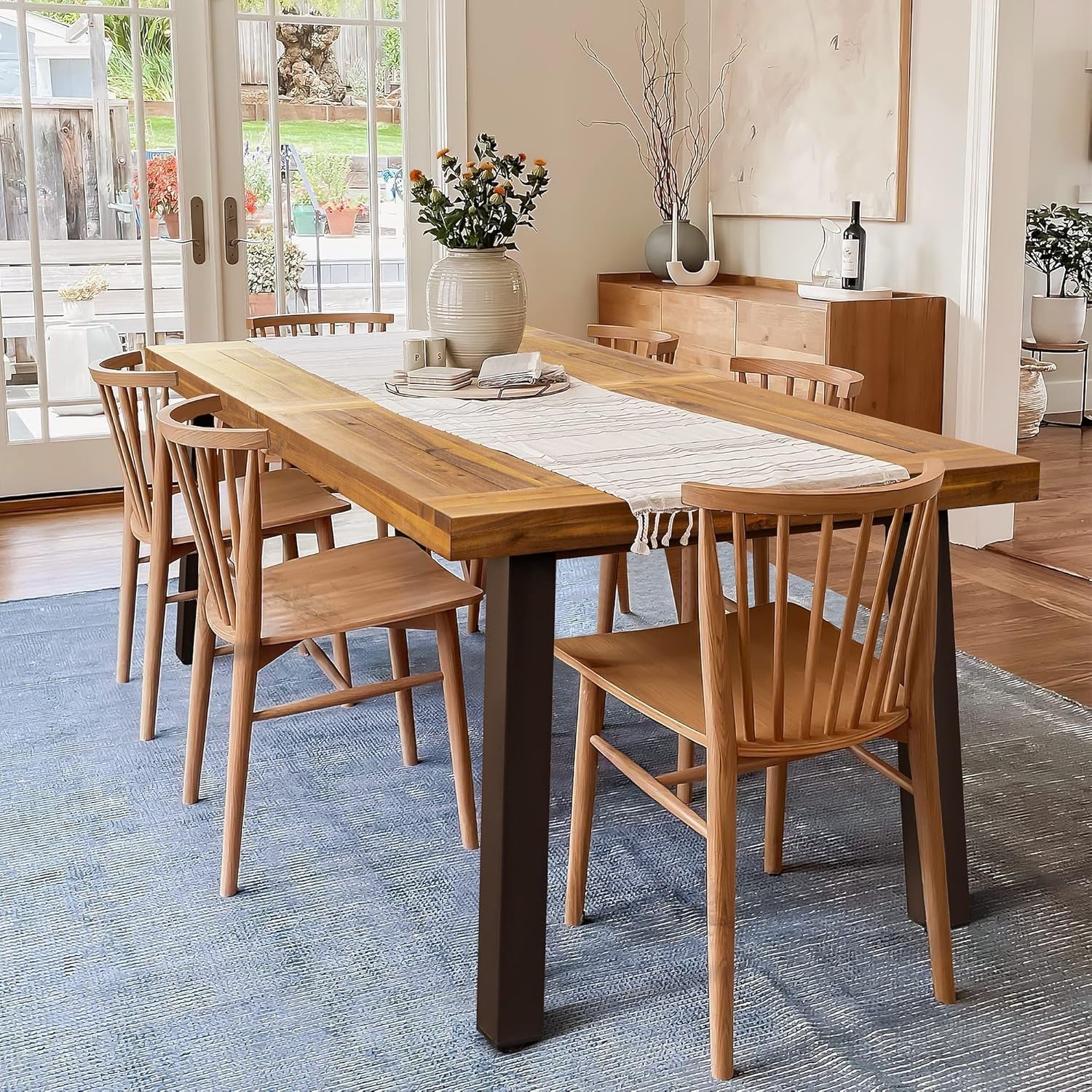 Home Acacia Wood Dining Table 6-Person Indoor Outdoor Table with Iron Legs, Sandblast Finish, Natural Stained, Rustic Metal, 69 * 33 * 30 Inch (Natural)-0