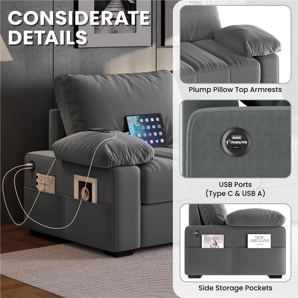79" Velvet Couch, Comfy Sofa with Pocket Coils, Deep Seat, Storage Pockets and USB Ports, 2 Seater Modern Loveseat Sofas with Removable Cover, Pillow Top Arms for Living Room Apartment Gray-3