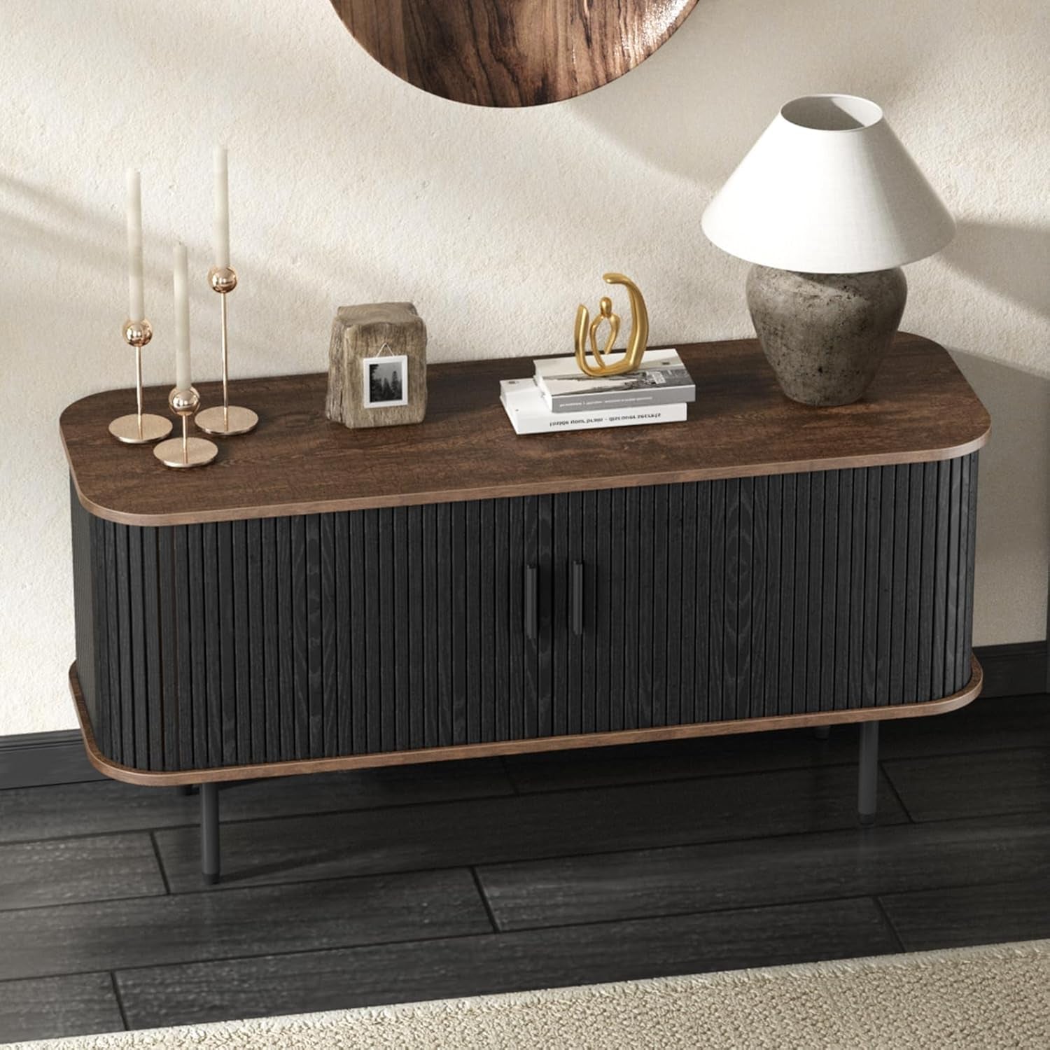 47''W Black Cabinet with Storage, Media Console, Tambour TV Stand, Television Stands with Curvy Edge; Sliding Door, Fluted Cabinet, Buffet Sideboard, Credenza, Table Stand for Living Room, Kitchen-3