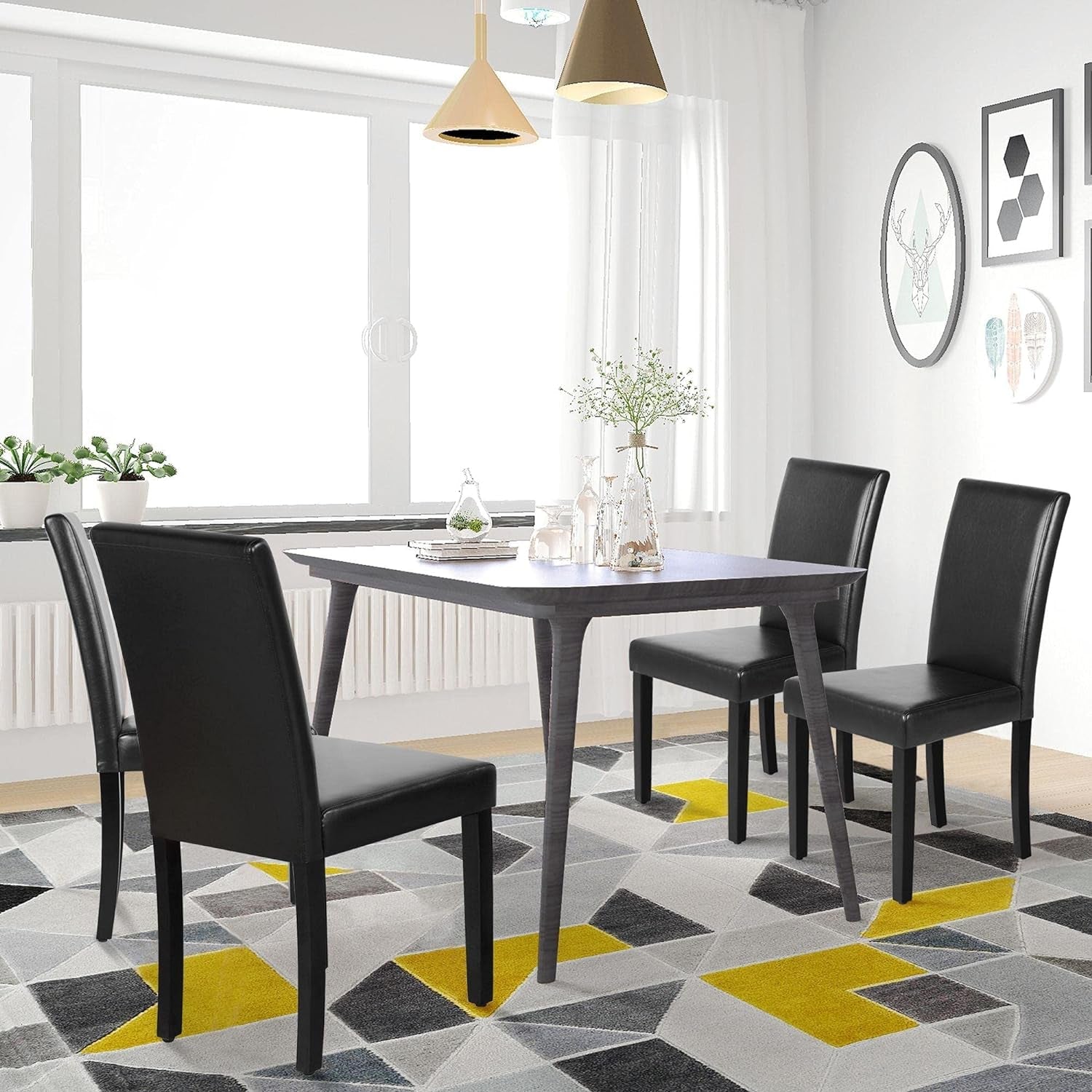 Dining Chair Set of 4 PU Leather Dining Room Chairs Upholstered Parsons Dining Chairs Modern Kitchen Armless Side Chair with Solid Wood Legs, Black-1