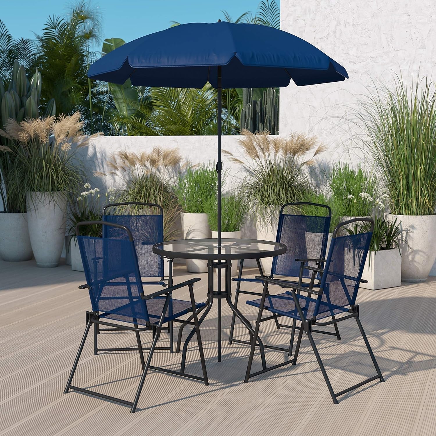 6 Piece Navy Patio Garden Set with Table, Umbrella and 4 Folding Chairs-0