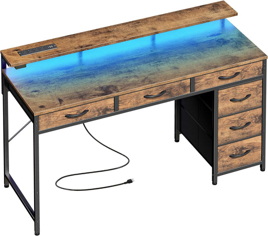 Gaming Desk with 6 Drawers, Computer Desk with LED Lights Power Outlets and Type-C, 47 Inch Office Desk with Storage, Monitor Stand, Writing Desk Work Desk for Home Office, Study, Rustic Brown-0