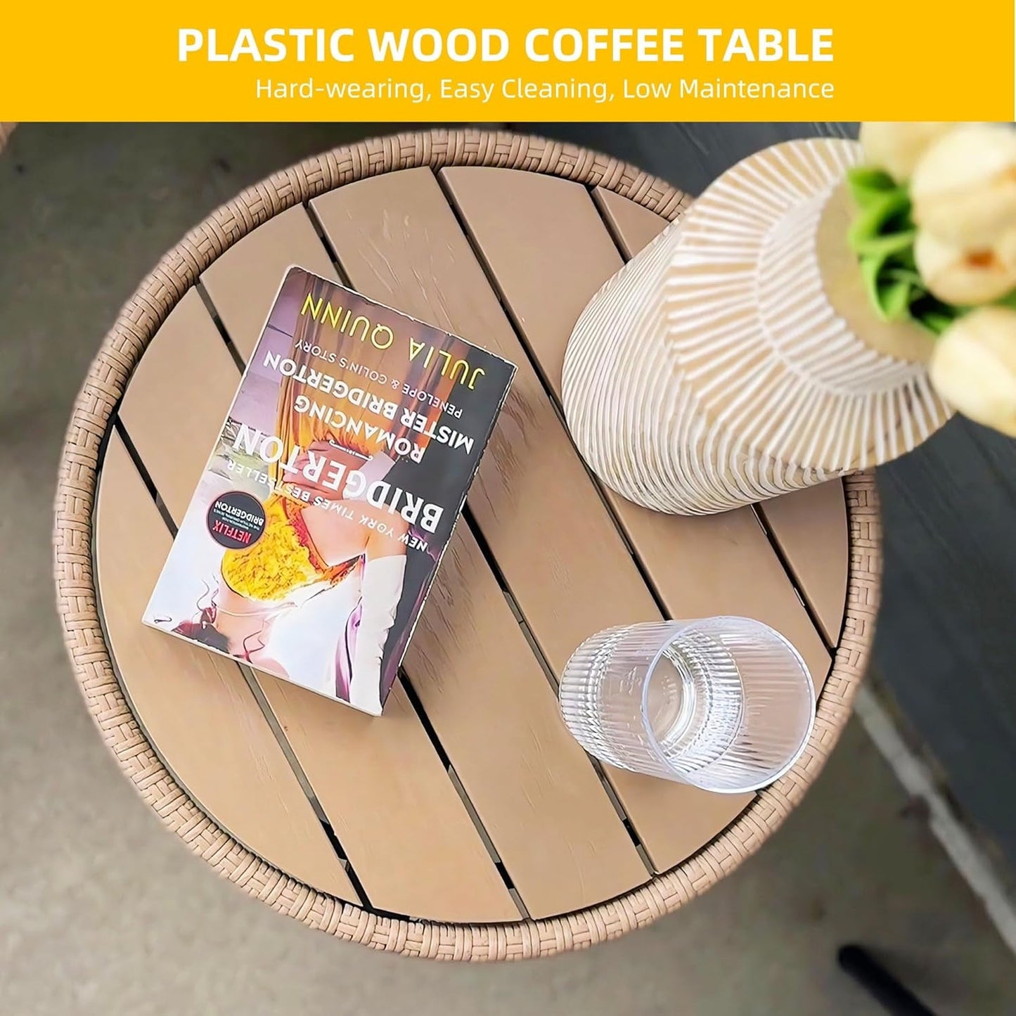 5 Piece Patio Bistro Set, Outdoor Wicker Conversation Set with Ottomans and Side Table, All-Weather Durable Rattan Furniture for Porch, Balcony, Deck, Backyard, Garden (Beige)-4