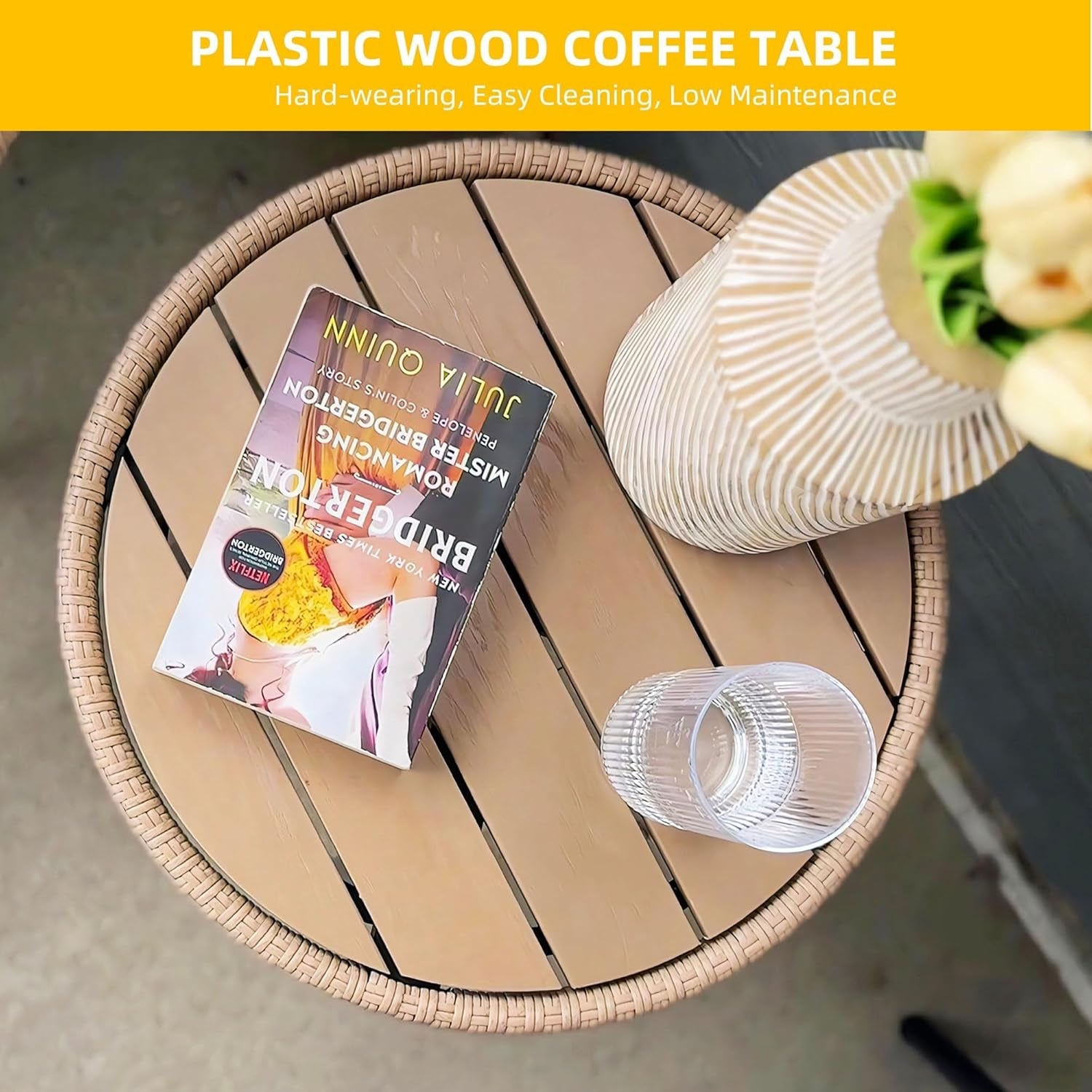 5 Piece Patio Bistro Set, Outdoor Wicker Conversation Set with Ottomans and Side Table, All-Weather Durable Rattan Furniture for Porch, Balcony, Deck, Backyard, Garden (Beige)-4