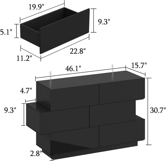 Balck Drawer Dresser for Bedroom, Modern High Gloss Dresser with 6 Drawers, Double Dresser Storage Chest of Drawer with Asymmetrical Design for Bedroom, Living Room, Entryway-1