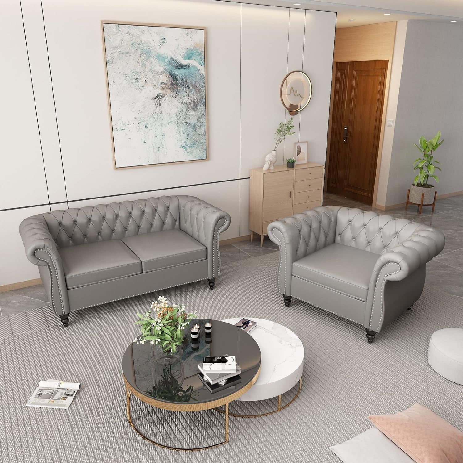 Chesterfield Leather Sofa Couch Chair Living Room Set-0