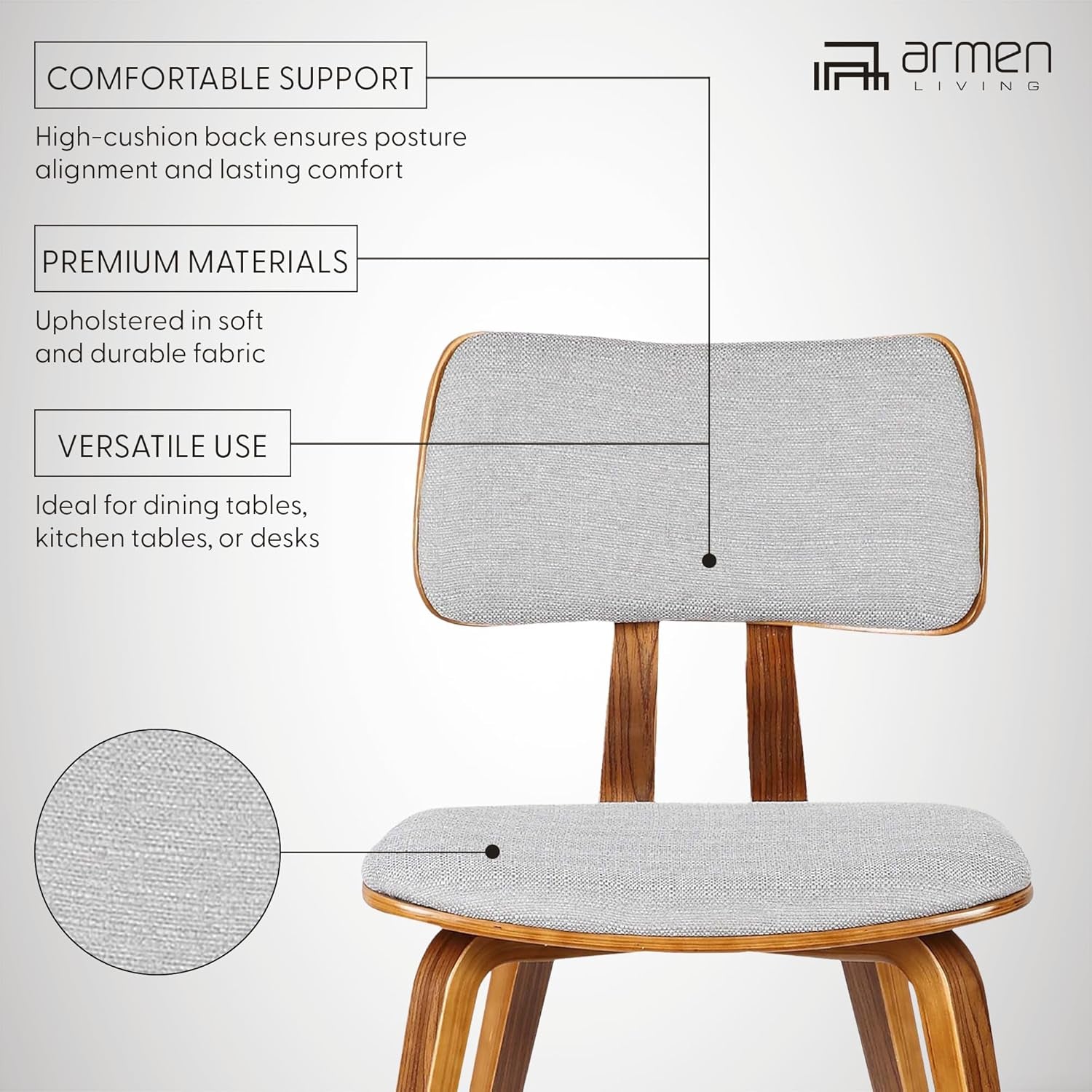 Jaguar Mid Century Modern Dining Accent Chair for Kitchen Table Desk Vanity in Grey Fabric and Walnut Wood Finish-2