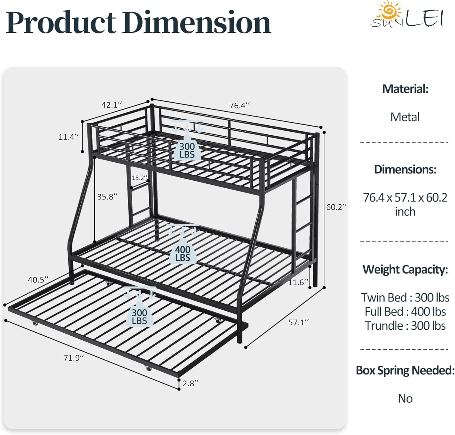 Metal Loft Bed with 2 Secured Ladders, Bunk Bed Twin over Full with Trundle, Trundle Bed Twin Safety Guard, Space-Saving, Noise Free for Small Bedroom, (Black, Twin over Full)-1