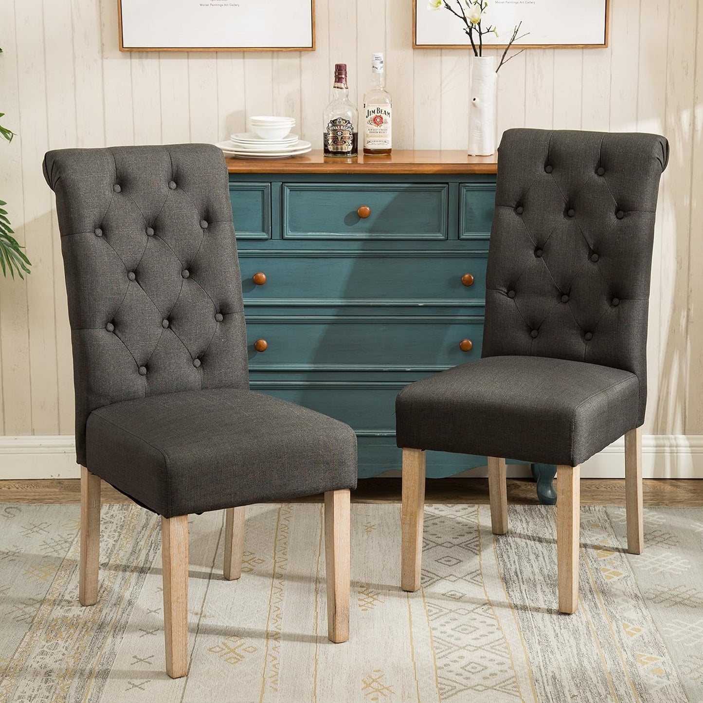 Habit Solid Wood Tufted Parsons Charcoal Dining Chair, Set of 2-0