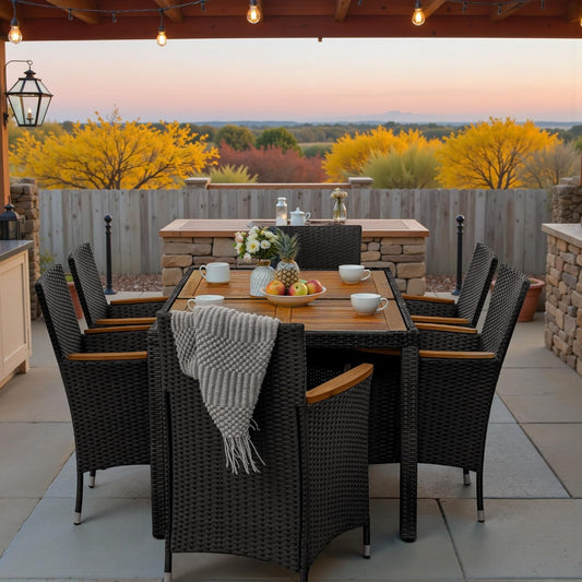 7 Pieces Outdoor Patio Dining Set, Conversation Sets with 1 Table and 6 Rattan Chairs with Curved Acacia Wooden Armrests and Cushions, Black-0