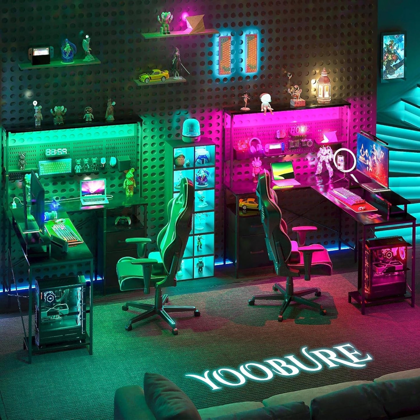 L Shaped Desk with Pegboard, Reversible Computer Desk with Drawers & Storage Shelves, Gaming Desk with LED Lights & Power Outlets, Office Desk with Monitor Stand Corner Desk Home Office Desks-3