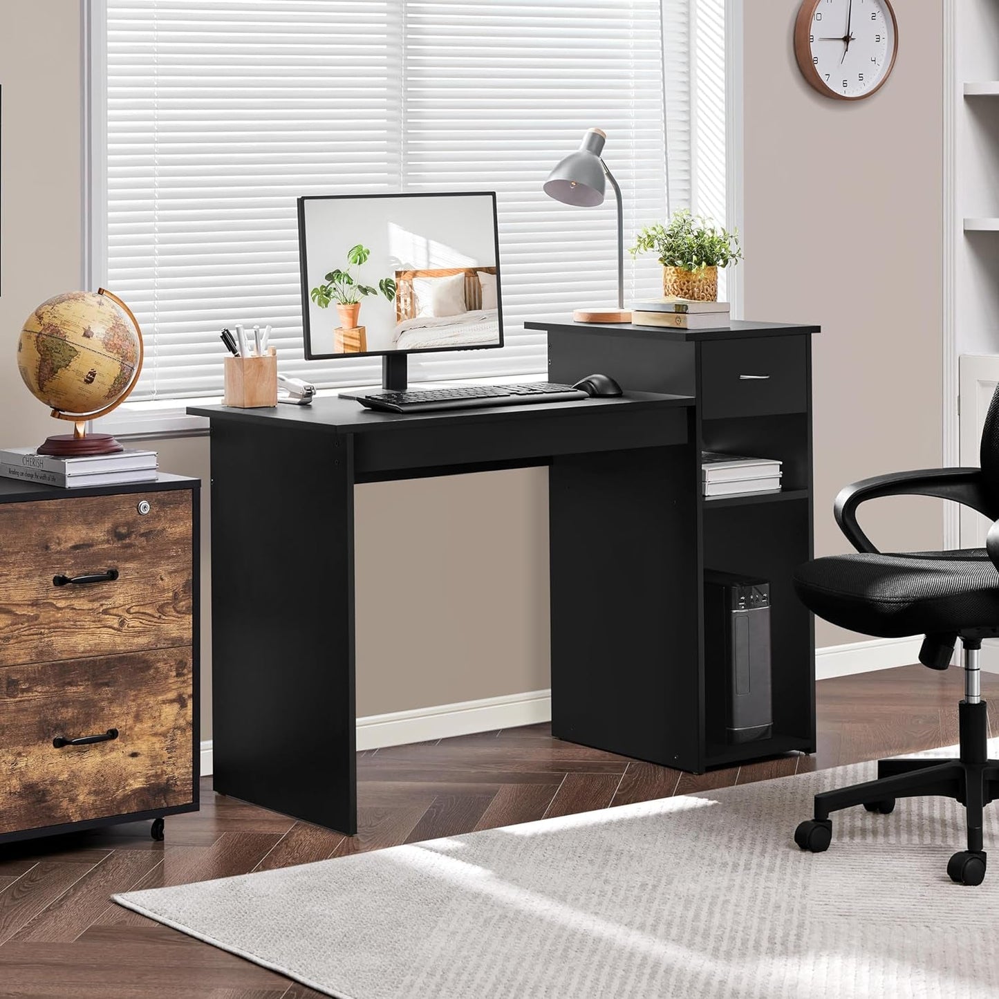 Modern Desk & Mesh Chair Set, Drawer, Shelves-0