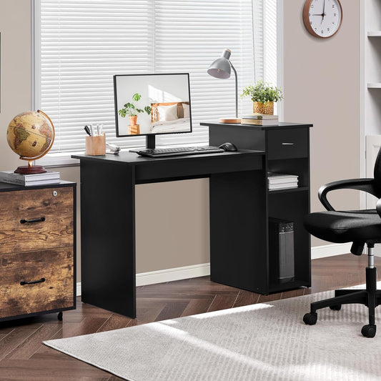 Modern Desk & Mesh Chair Set, Drawer, Shelves-0