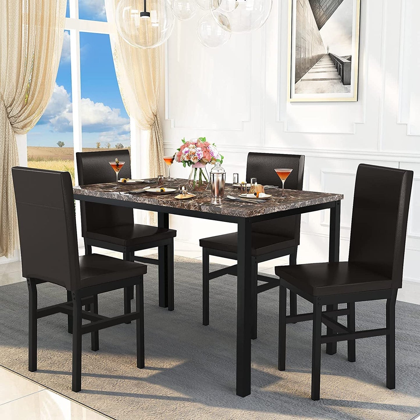 Faux Marble Dining Set, Small Spaces Kitchen, Black-0