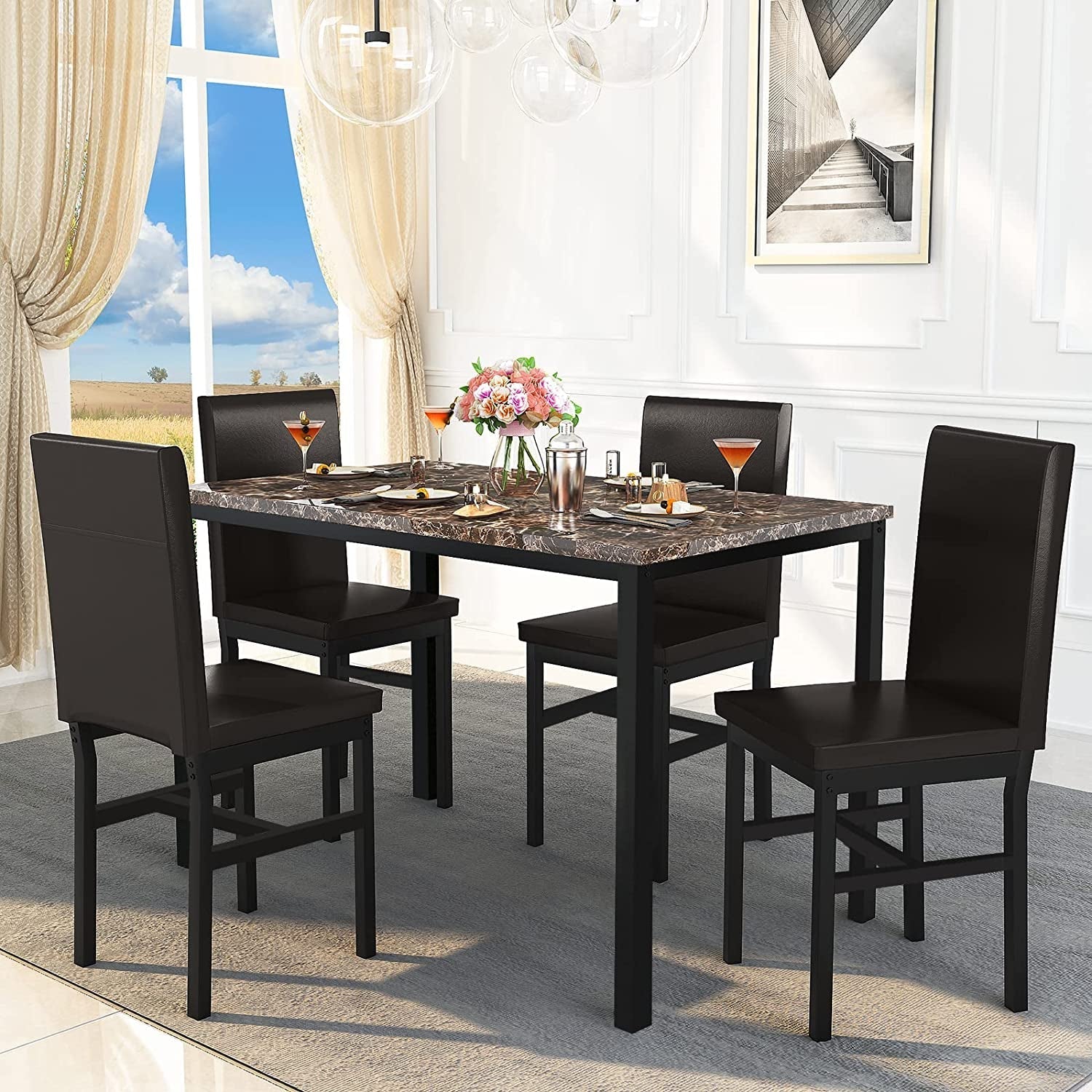 Faux Marble Dining Set, Small Spaces Kitchen, Black-0
